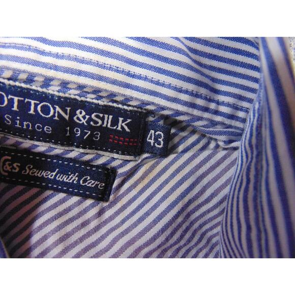 Cotton & Silk Shirt Mens Large 43 Blue White Striped Long Sleeve‎ Button Front - Picture 8 of 9